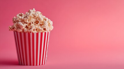 Popcorn in striped container on pink background