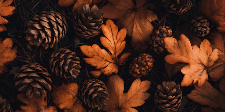 top view of tree branches with autumn leaves and pine cones, seamless natural background