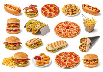 Photo of a vibrant collection of american fast food favorites, including burgers, hot dogs, pizza, tacos, fries, and onion rings, all isolated on a clean white background