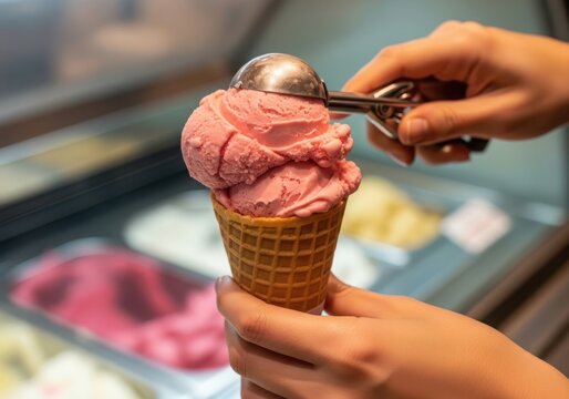 Photo of closeup of a person scooping pink strawberry ice cream into a waffle cone, a delicious frozen dessert treat