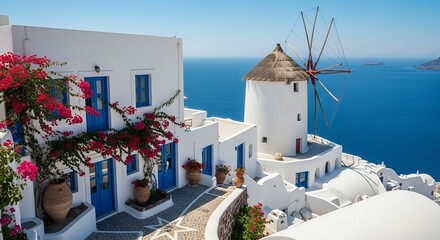 Fototapeta premium Mediterranean Villa with Windmill, Ocean View, Blue Doors, Bougainvillea