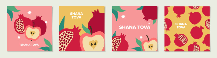 Jewish New Year card design set. Rosh Hashanah symbol pomegranate and apple. Happy New Year. Vector illustration	