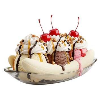A banana split with three scoops of ice cream whipped cream cherries and various toppings in a dish on transparent background