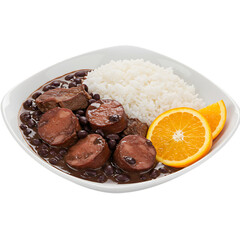 A white plate filled with feijoada, white rice, and orange slices on a black background image view on transparent background