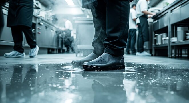Chefs working in a wet commercial kitchen environment