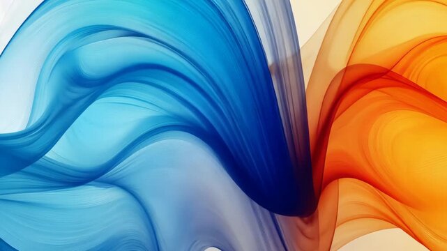 Abstract waves of blue and orange fluid shapes intertwining against a soft gradient background