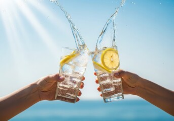 Photo of two hands holding glasses of refreshing lemonade with lemon slices and ice, splashing in the bright sunshine against a blue sky and ocean
