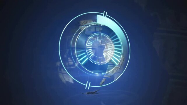 Money globe forming rotating while UI rings scanning and fragments drifting to visualize finance