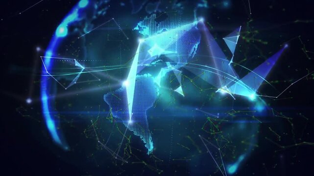 On launch glowing nodes linking into rotating globe orbiting data rings, visualizing connectivity
