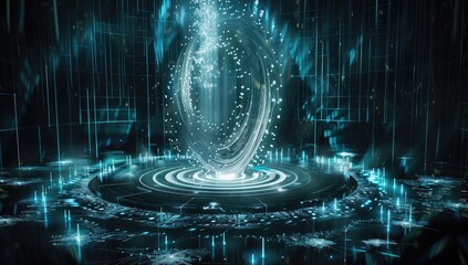 Futuristic energy vortex in digital space, glowing platform