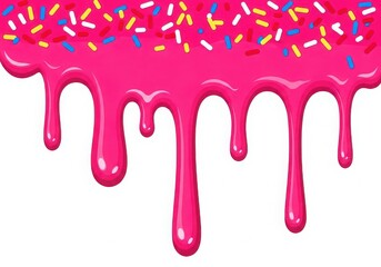 Photo of closeup of a pink iced donut with colorful sprinkles dripping down, isolated on a white background