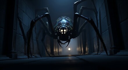 Giant Spider in Dark Corridor