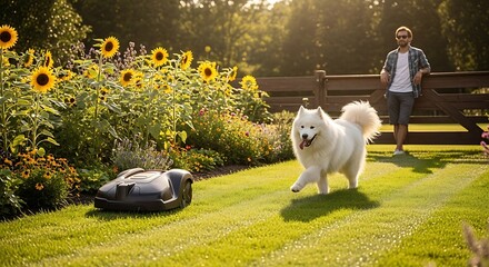 Happy Samoyed Dog Running in Sunny Garden with Robot Lawn Mower