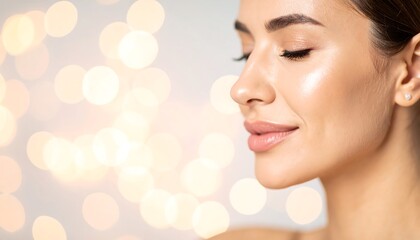 Naklejka premium Woman Showing Glowing Skin Against Bokeh Lights Backdrop