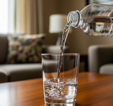 Refreshing water being poured into a glass in a cozy indoor setting with warm lighting