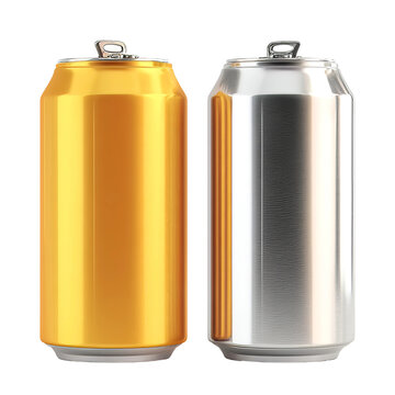 Golden and Silver Cans: A vibrant shot of golden and silver aluminum cans, capturing their metallic sheen in a striking studio-style setup, perfect for conveying concepts of refreshment and design.