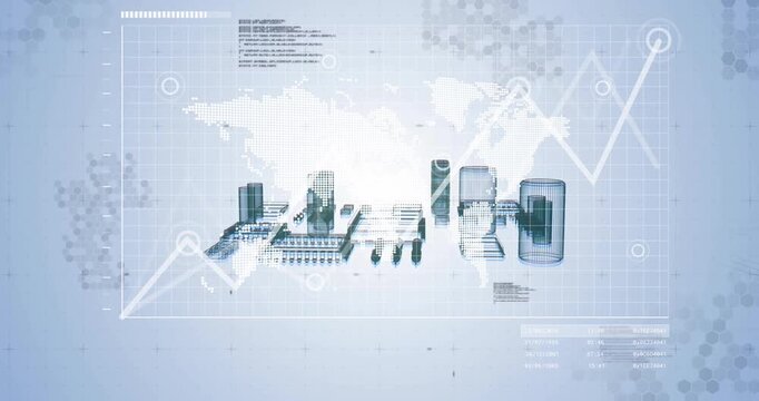 Shapes rising from world map into skyline graph plotting trend grid merging into rotating microchip