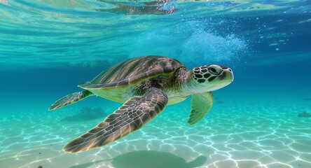 Stunning Underwater Sea Turtle Photo Crystal Clear Ocean, Graceful Marine Life