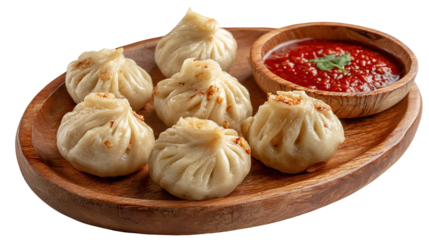 Nepalese momo dumplings with tomato chutney isolated on transparent white background