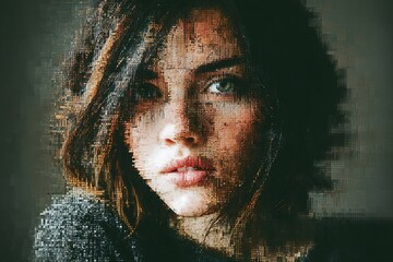 Generative AI. Abstract portrait of a young woman with short dark hair, featuring pixelated effects and soft lighting, conveying emotions through artistic visual representation