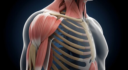 Human Upper Torso Anatomy: Detailed 3D Digital Illustration of Muscular and Skeletal Systems, Highlighting Chest, Shoulder, and Arm Muscles with Ri...