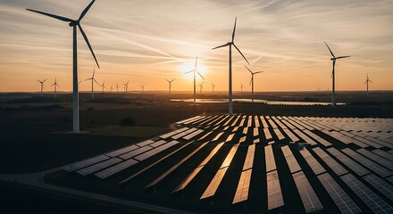 Wind Turbines and Solar Panels at Sunset: Renewable Energy Landscape