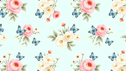 A seamless floral pattern with flowers and butterflies.