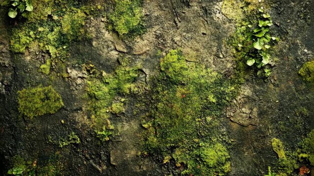 Close-up of a textured stone surface covered in vibrant green moss and small plants, nature's resilience