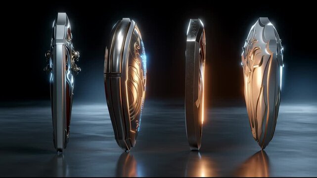 Four shields with different colors and designs. The shields are placed on a table and are illuminated by a light. The shields are likely from a video game or a fantasy story
