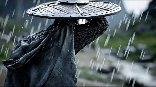 A man in a medieval costume is standing in the rain, holding a shield and a sword. Concept of adventure and danger, as the man is prepared to face whatever challenges lie ahead