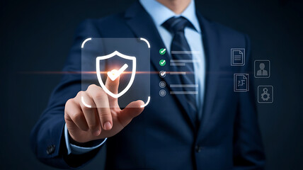 Businessman s finger touches a glowing digital shield icon on a transparent screen representing cybersecurity and data protection