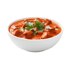 Spicy red meat curry in white bowl