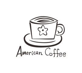 Simple black and white logo for American Coffee, featuring a stylized coffee cup with a flower design.