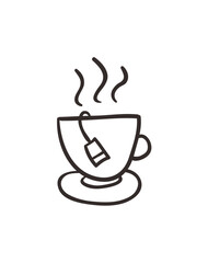 A simple line drawing of a steaming cup of tea with a teabag.