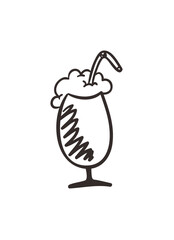 Simple black and white illustration of a foamy beverage in a stemmed glass with a straw.