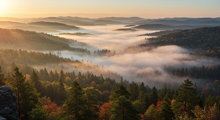 Fototapeta premium Breathtaking morning view of a mountain landscape with a sea of fog in the valley. Golden sunrise light illuminates the vast, dense autumn forest.