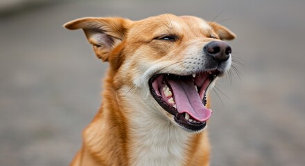 Fototapeta premium Happy dog yawns widely under soft natural light. AI Generated