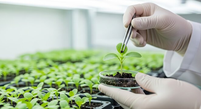 Scientist carefully tending to young plant in petri dish, cultivating life and growth in laboratory