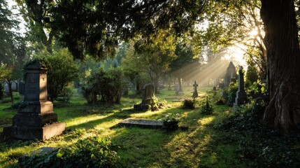 Sunbeams Illuminate Tranquil Cemetery