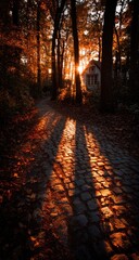 Autumnal sunset path, forest shadows, house backdrop, peaceful scene