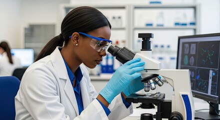 Focused scientist analyzing samples under microscope, conducting research in modern laboratory setting