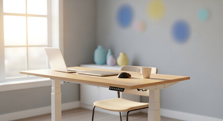 Modern Minimalist Workspace With Standing Desk And Laptop In Soft Natural Light