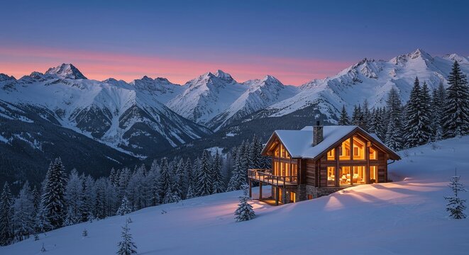 A luxurious wooden chalet glows warmly amidst a pristine snowy landscape at twilight, with majestic alpine peaks under a colorful winter sunset sky.