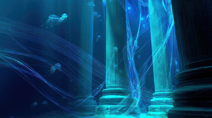 古代 遺跡を 漂う 発光 クシクラゲ / Luminous Comb Jellies Drifting Through Ancient Ruins
