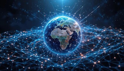 Obraz premium Digital rendering of Earth surrounded by a network of glowing blue lines, representing global connectivity and technology.