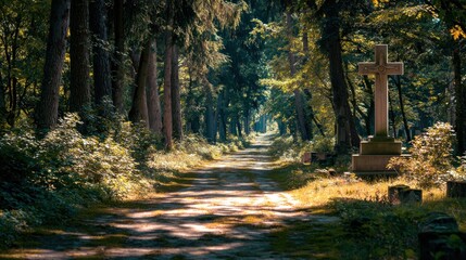 Serene Forest Path Leading to Cross