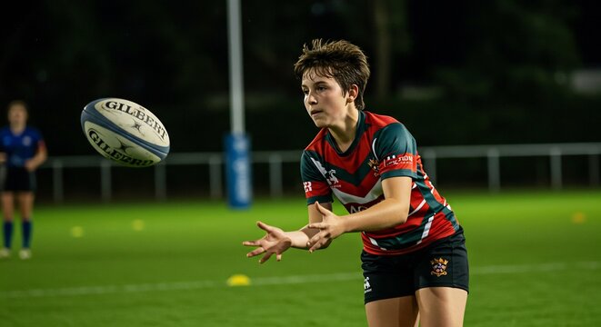 Young athlete skillfully catches rugby ball under dramatic evening light. AI Generated