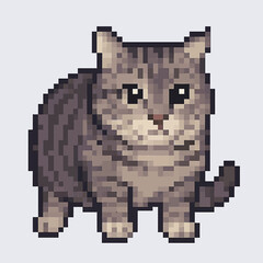 Pixelated grey tabby cat character sprite A cute fluffy feline with dark stripes and a small pink nose standing and looking forward. Vector Illustrations. EPS Editable