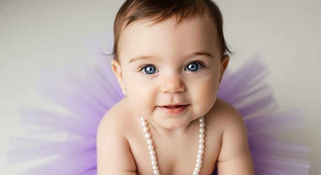 Adorable baby girl playfully poses wearing a lavender tutu soft light illuminates her bright eyes. AI Generated