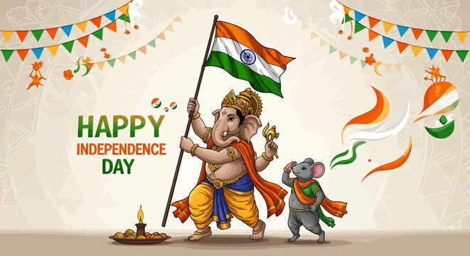 Stylized Lord Ganesha marching patriotically holding the Indian flag with his saluting mouse. Vector Illustrations. EPS Editable